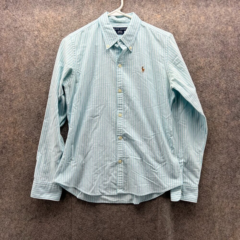 Ralph Lauren Shirt Women 10 Baby Blue White Striped Preppy Slim Fit Pony Cotton